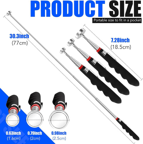Extendable Telescoping Magnetic Pick Up Tool With 31 Inch Reach And Extra Strong Magnet For Quick Grabs In Tight Spaces, 30 Lb 40 Lb And 80 Lb Pull, A Must Have Gift For Men, showing product size and dimensions.