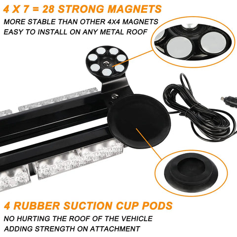 38.5 Inch 78 LED Emergency Strobe Light Bar with magnetic base and suction cup pods, ideal for construction vehicles and tow trucks.