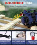 Small But Mighty 1 Gallon Ultra Quiet Oil Free Air Compressor With Plug And Play Setup showing 6.5 ft power cord and quick-connect coupler.