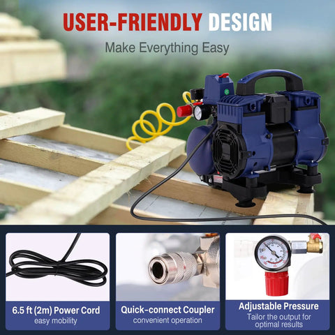 Small But Mighty 1 Gallon Ultra Quiet Oil Free Air Compressor With Plug And Play Setup showing 6.5 ft power cord and quick-connect coupler.