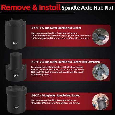 Five Piece Spindle Nut Socket Tool Kit One Half Inch Drive For Ford Dana 50 60 Chevy Dodge SUVs And Light Trucks details