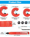 Pro Grade Four Piece Copper Pipe Cutter Set With Deburring Tool For One Half Inch Three Quarters Inch And One Inch Tubing Auto Tightening Cutting Wheels For Fast Clean Cuts No Fuss Deburring shown with size dimensions