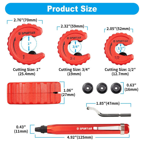 Pro Grade Four Piece Copper Pipe Cutter Set With Deburring Tool For One Half Inch Three Quarters Inch And One Inch Tubing Auto Tightening Cutting Wheels For Fast Clean Cuts No Fuss Deburring shown with size dimensions