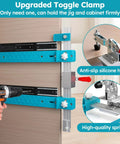 Drawer Slide Jig With Toggle Clamp And Magnetic Arm For Fast, Accurate Cabinet And Desk Installations shown on cabinet