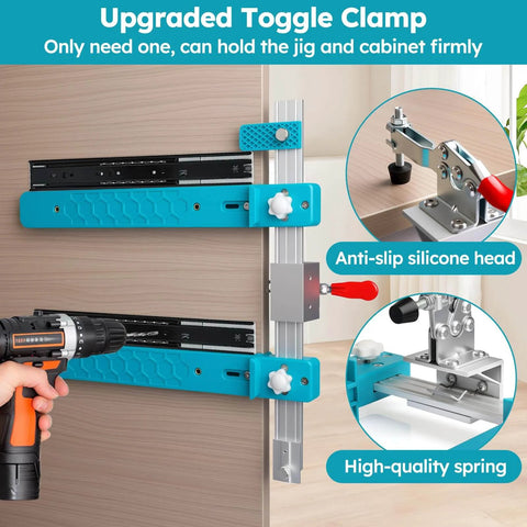 Drawer Slide Jig With Toggle Clamp And Magnetic Arm For Fast, Accurate Cabinet And Desk Installations shown on cabinet