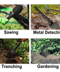 Beast Mode Heavy Duty Folding Camping Shovel With Pickaxe, 31 Inch, used for sawing, metal detecting, trenching, and gardening.