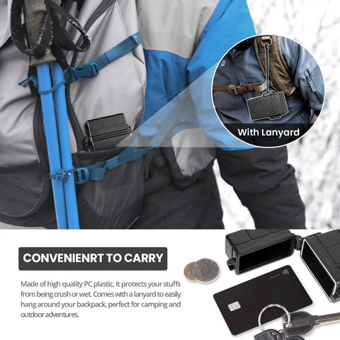 Waterproof EDC survival case with airtight seal attached to a backpack, showing storage for keys and cards