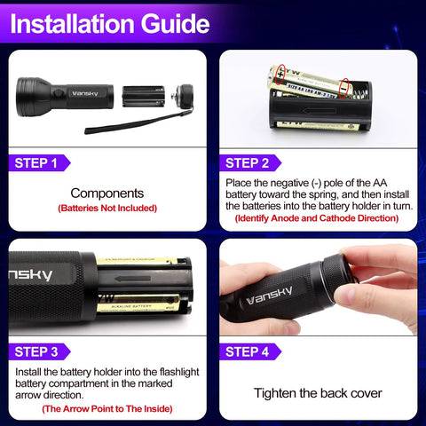 Vansky air conditioner leak detector tool set with AA battery holder and step-by-step installation guide collage