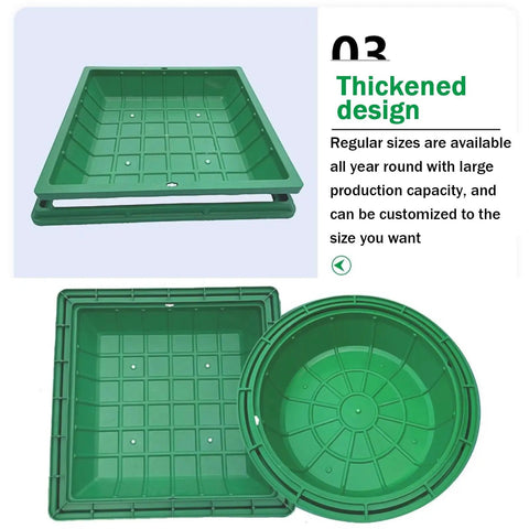 Beefed Up Resin Sump Cover With Frame For Garage Floor Drain, Invisible Sewage Basin And Manhole Cover, Durable Outdoor Drainage Solution 90x90cm 35.4x35.4 Inches, shown from above with square and round options.