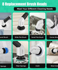 Electric Spin Scrubber Cordless Power Cleaning Brush With Long Handle And 8 Interchangeable Heads For Tub, Tile, Floors, Grout, Glass, Sinks, Corners And Car Wheels Two Speeds Up To 480 RPM Perfect For Tough Grime, 8 brush heads