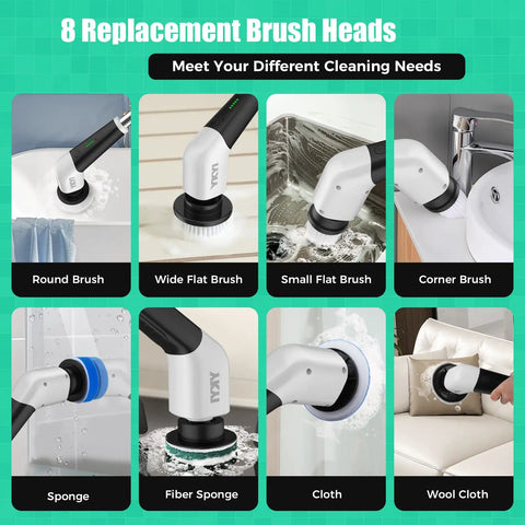 Electric Spin Scrubber Cordless Power Cleaning Brush With Long Handle And 8 Interchangeable Heads For Tub, Tile, Floors, Grout, Glass, Sinks, Corners And Car Wheels Two Speeds Up To 480 RPM Perfect For Tough Grime, 8 brush heads