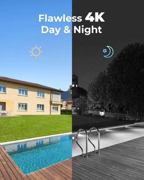 Day and night comparison with 4K Ultra HD Security Camera System With 8 PoE Cameras H265 Wired Surveillance Kit Person And Vehicle Detection.