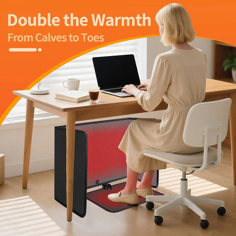 Person using Under Desk Heater Foldable And Quiet Office Space Warmer With Timer 8 Temp Levels Auto Shut Off under a wooden desk