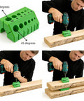 Premium Drill Guide Block For Dead On Straight Holes And Hella Accurate 45 And 90 Degree Angles in use with wood