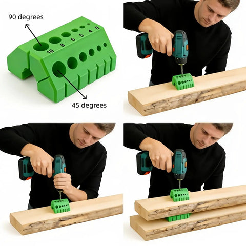 Premium Drill Guide Block For Dead On Straight Holes And Hella Accurate 45 And 90 Degree Angles in use with wood