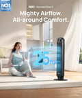 Bedroom Tower Fan With Remote And Wi Fi Voice Control Ultra Quiet Bladeless Standing Fan next to seated woman indoors