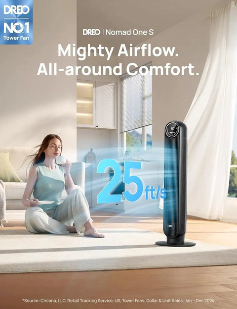 Bedroom Tower Fan With Remote And Wi Fi Voice Control Ultra Quiet Bladeless Standing Fan next to seated woman indoors