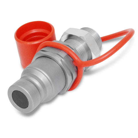 Close-up of Summit Hydraulics flat-face hydraulic quick-connect coupler, 5/8 ORFS bulkhead, skid-steer mount with red cap