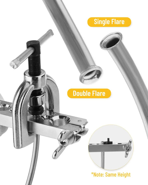 25 Ft Zinc Plated Brake Line Flaring Tool Kit With 3 In 1 Bender, showing single and double flare details.
