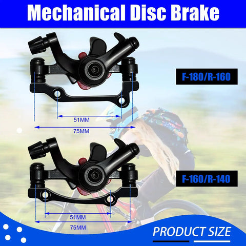Aluminum Alloy Mechanical Disc Brake Caliper Set For Front And Rear Universal Fit For Folding Road Mountain And BMX Bikes showing size dimensions