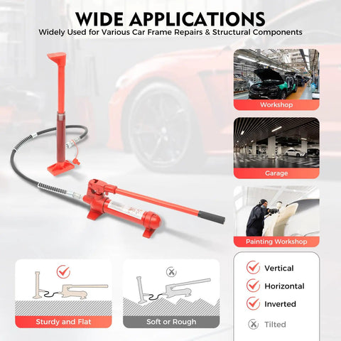 6 Ton Hydraulic Jack Kit With Four Extension Tubes And Auto Overload System For Auto Body Frame Repair Car Frame Structural Tool Set Heavy Duty Portable Power Lift For Pros, red hydraulic ram kit with hose for workshop use