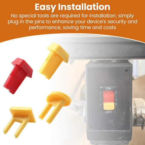 Knockout Heavy Duty Table Saw Safety Switch Keys in red and yellow, showing easy installation in power tool interlock switch.