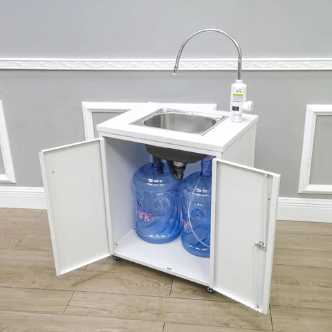 Portable Mobile Hand Wash Station With Hot Water And Temperature Control Self Contained Sink Unit 24x18x39 Inches 110V Power Ideal For Schools Labs Clinics Hospitals Food Trucks Festivals with open cabinet showing water jugs.