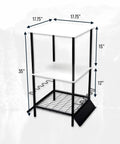 Garage Fishing Pole Organizer That Holds Ten Rods, Reels, Tackle Box, And Gear With Built In Shelves, Space Saving Freestanding Rod Rack For Poles, Gear, And Accessories, Sized At 35 Inches By 17.75 Inches By 17.75 Inches, front view.