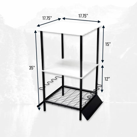 Garage Fishing Pole Organizer That Holds Ten Rods, Reels, Tackle Box, And Gear With Built In Shelves, Space Saving Freestanding Rod Rack For Poles, Gear, And Accessories, Sized At 35 Inches By 17.75 Inches By 17.75 Inches, front view.
