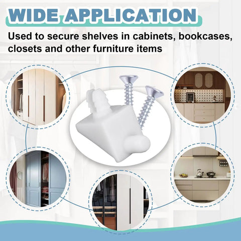Twenty Piece Set Of White Shelf Support Pins And Replacement Brackets With Self Tapping Screws for wardrobe organizers and adjustable shelving units, shown in use.