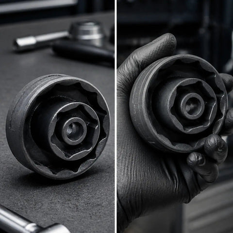 Heavy Duty Motorcycle Wheel Socket And Auto Repair Wrench 30mm To 55mm Adjustable Dark Metal tool in hand on a workshop table.