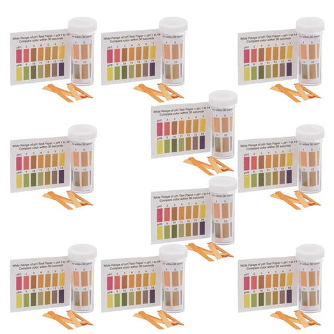 Wide Range pH Test Paper Strips 1 To 14, 100 Strips Per Pack, 10 Pack Bundle with Color Indicator Card, shown against white background