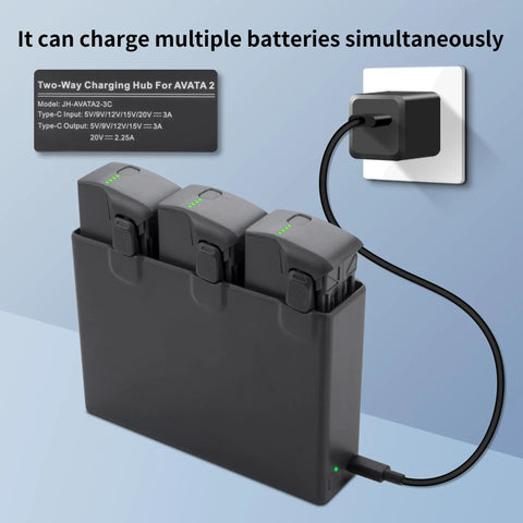 3 Pack Avata 2 Battery Set with 2150mAh High Capacity and Upgraded Two Way Three Channel Charging Hub plugged into wall