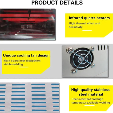Product details of Pro Grade Reflow Oven with Infrared Heater, cooling fan design, and stainless steel material.