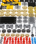 844 Piece Technic Parts Kit With Pins Gears Axles And Differential Engine For MOC Building And Custom Bricks, various parts displayed