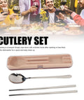 Stainless Steel Travel Utensils Set With Case, featuring chopsticks and spoon, shown with beige case, ideal for camping and picnics.