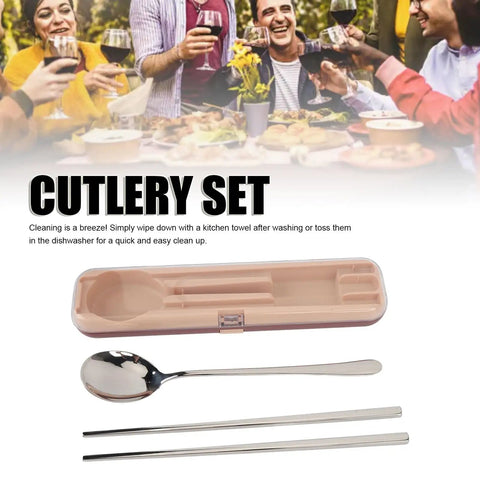 Stainless Steel Travel Utensils Set With Case, featuring chopsticks and spoon, shown with beige case, ideal for camping and picnics.