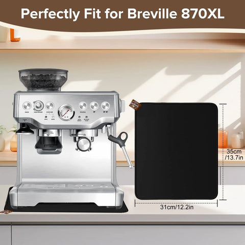Dual Sided Sliding Mat With Anti Slip Top And Smooth Bottom For 870XL Espresso Machine shown with Breville 870XL and dimensions.