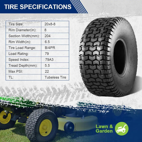 20x8.00-8 Lawn Mower Tires Set Of 2 Tubeless 4 Ply Riding Lawn Tractor Tires With 965 Lb Capacity Non Highway Replacement