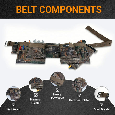 Heavy Duty Camo Tool Belt Set With Adjustable Pouches For Electricians And Carpenters with hammer holder and nail pouch.