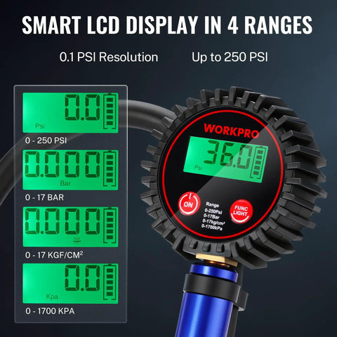 Digital Tire Pressure Gauge With Inflator Kit, 250 PSI, LCD display showing PSI measurements