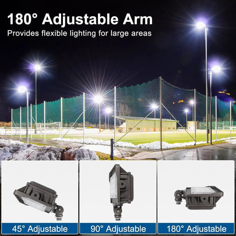 180° adjustable arm shown in sports field lighting setup with 2 Pack 50W Outdoor LED Flood Lights With Dusk To Dawn Photocell, IP65 Waterproof Security Lighting, 6000 Lumens At 5000K, 100 To 277V AC, Adjustable Arm, ETL Listed, Energy Saving Benefits; includes adjustable angles 45°, 90°, 180° for enhanced flexibility.