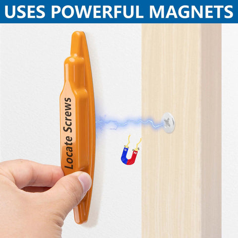 Hand using 2 Pack Magnetic Stud Finders, Heavy Hitter Nail Head Locator for drywall to locate screw with magnetic detection.