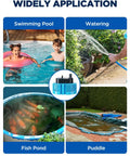 Graphic showing Pool Cover Pump 850GPH Submersible Water Pump For Pool Draining And Pond Use applications including pool and pond.