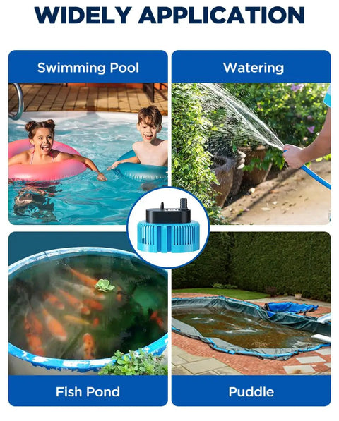 Graphic showing Pool Cover Pump 850GPH Submersible Water Pump For Pool Draining And Pond Use applications including pool and pond.