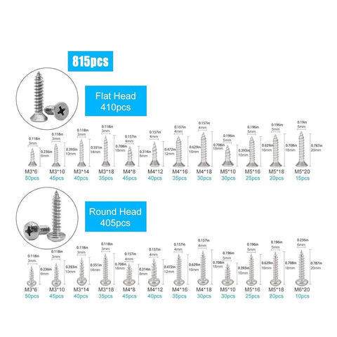 815 Piece 304 Stainless Steel Wood Screw Kit M3 M4 M5 M6 Self Tapping Set With Flat Pan And Truss Heads Cross Recessed Drive