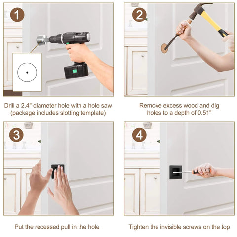 Installation steps for Two And Three Quarters Inch Recessed Finger Flush Pocket Door Pulls in matte black stainless steel.