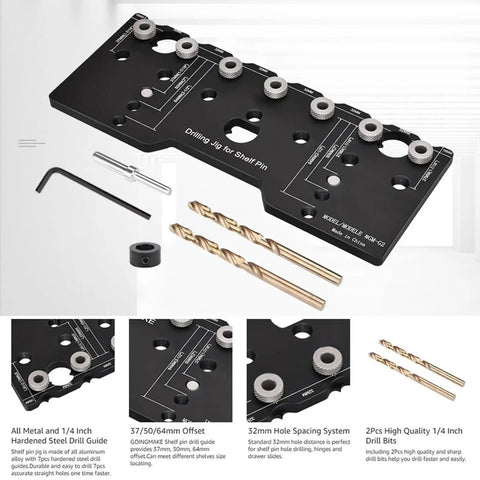 Adjustable Shelf Pin Jig For Cabinets delivers dead on accuracy with heavy duty aluminum alloy construction and drill bits.