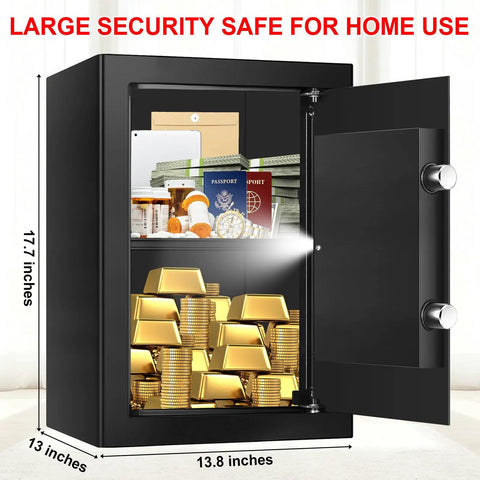 Massive Home Safe Box For Cash And Valuables With Digital Keypad, Fireproof And Waterproof Design, showing dimensions and contents.