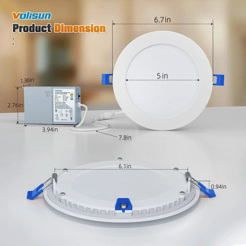 Product dimensions of Premium 6 Inch Led Recessed Lights 24 Pack Featuring Adjustable 5Cct Settings, 5in round design.